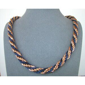 Vintage Twisted Rope Gold Tone & Blue Necklace 28"
